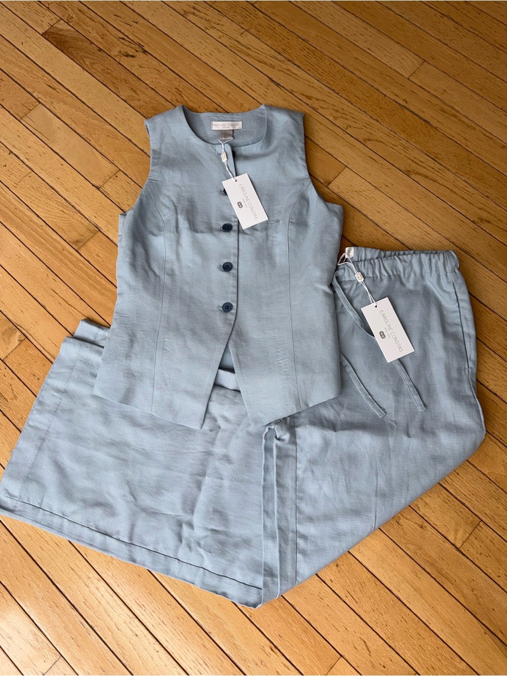 Caroline Constas Light Blue Sleeveless Linen Pantsuit top Set - Picture 2 of 5
